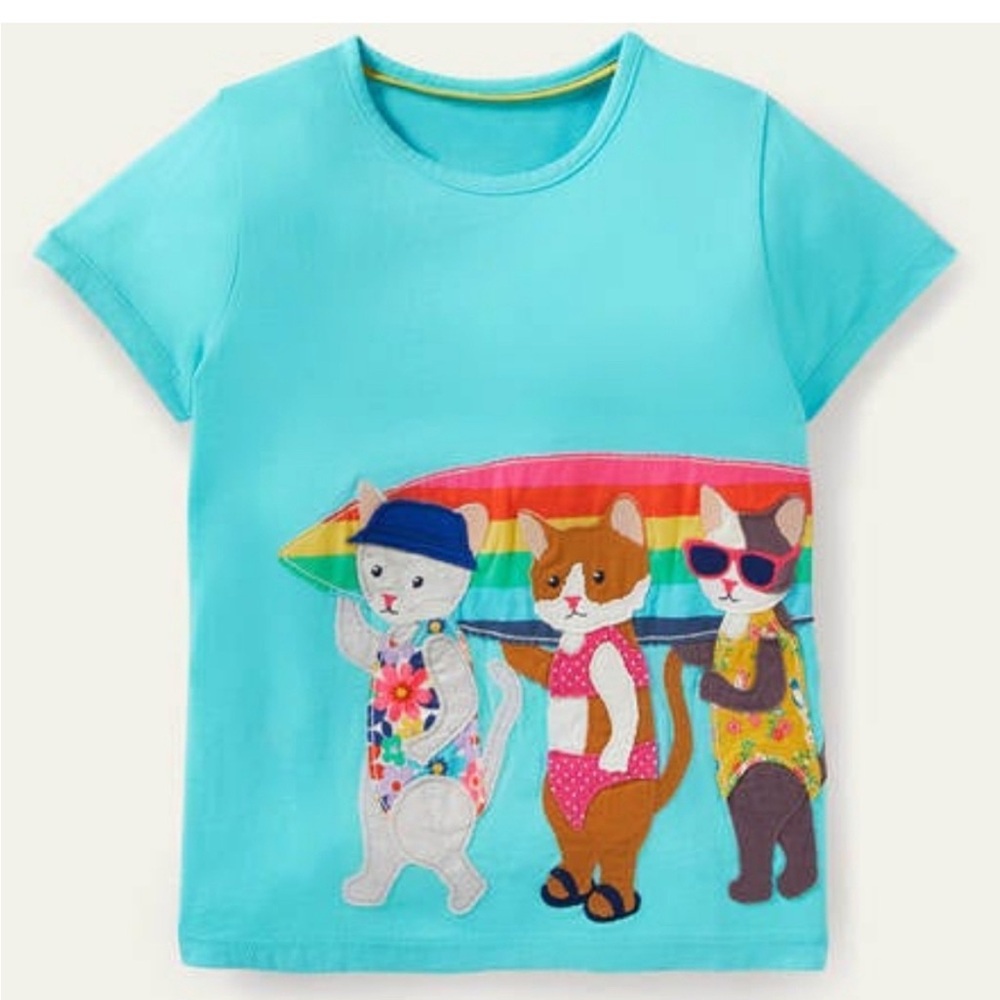 Mini Boden short-sleeved Turquoise Surfing Cats applique t-shirt size 4-5Y